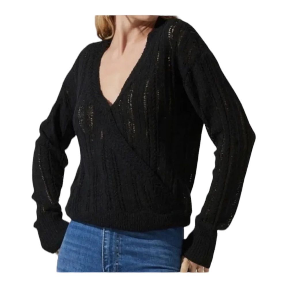 ASTR The Label Faux Wrap Front Pointelle V-Neck Open Knit Pullover Sweat…